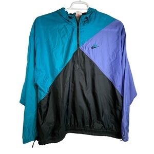 VTG 80s 90s Nike Windbreaker Jacket Colorblock Pullover‎ 1/4 Zip Hood Nylon XL